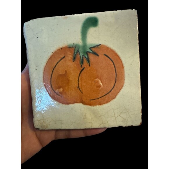 2 antique tile handpainted tiles Pumpkin Pitcher Kitchen Decor 4”x4” - Picture 2 of 15